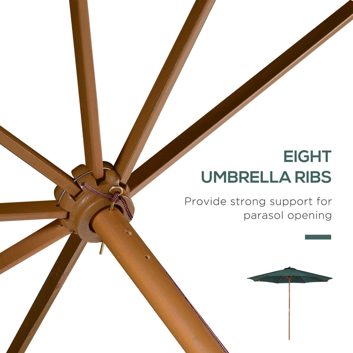 Wooden Patio Umbrella 3m - Pulley-Operated Garden Parasol with 8 Ribs in Dark Green - Ideal for Outdoor Shade and Relaxation