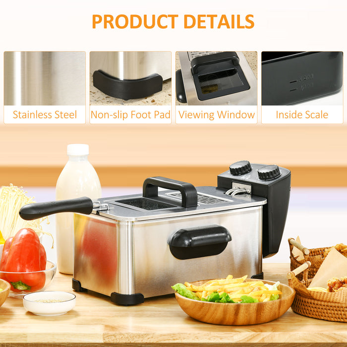 2000W Stainless Steel Deep Fat Fryer - 3L Capacity with Adjustable Temperature, 60-Min Timer & Viewing Window - Ideal for Homemade Crispy Foods with Safety Cut-Out Feature