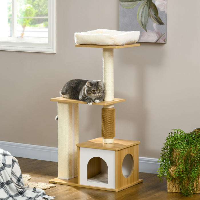 Cat Scratching Tree with Cozy House and Bed - Multi-Level Cat Perch with Posts, 59.5 x 39.5 x 114 cm in Oak Finish - Ideal for Play, Scratch, and Rest for Felines