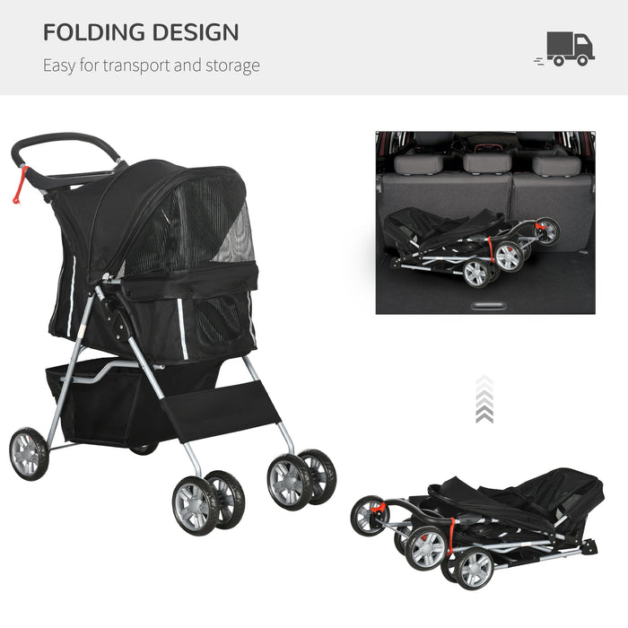 Foldable Pet Stroller with Zipper Entry - Travel Carriage for Small Dogs and Cats, Includes Cup Holder - Lightweight Pushchair for Miniature Pets, Black