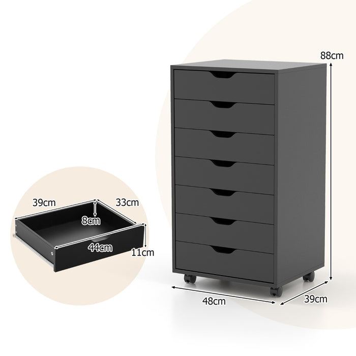 Mobile File Cabinet Model 7D - Wheeled Storage Solution with Seven Drawers in Sleek Black - Ideal for Organized Document Management in Office Spaces