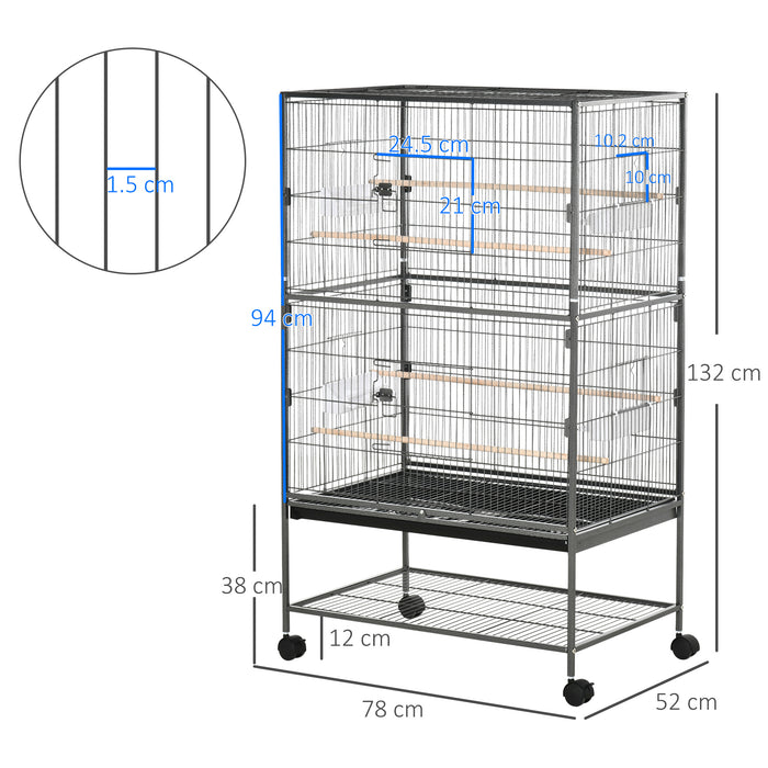 Large Rolling Aviary - Finch, Canaries, Parakeet Home with Slide-Out Tray and Food Containers - Optimal Habitat for Pet Birds with Storage Shelf