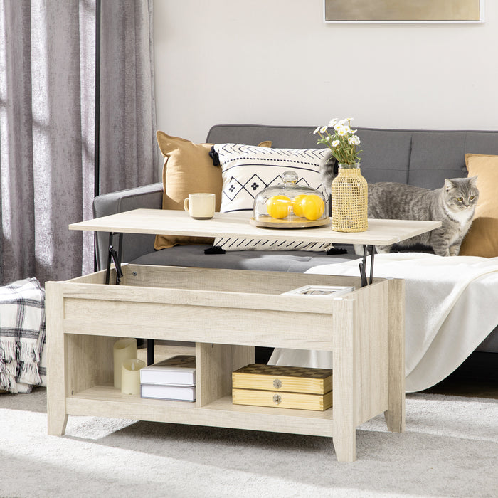 Lift-Top Oak Coffee Table - Hidden Storage, Pop-Up Tabletop, and Open Shelving - Versatile Living Room Centerpiece