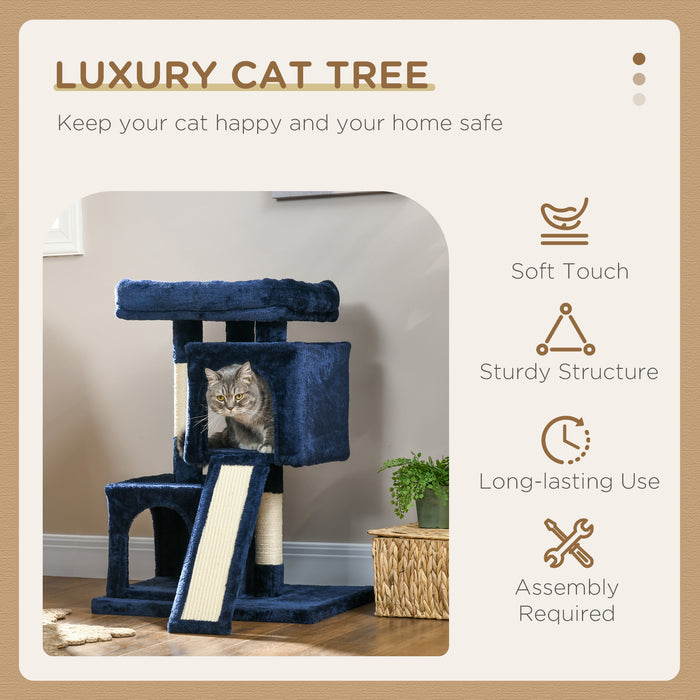 Deluxe Sisal Cat Tree with Dual Condos - Navy Blue Feline Rest & Play Station with Sturdy Scratching Posts - Ideal for Indoor Cats' Exercise and Entertainment