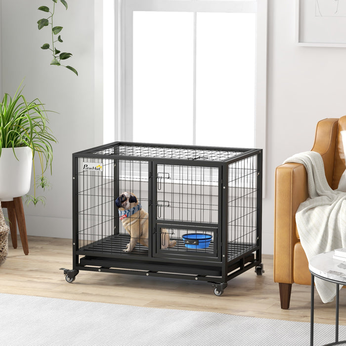 Sturdy Mobile Canine Kennel - Heavy Duty Dog Crate with Bowl Holder, Removable Tray, Detachable Top, Double Door Design - Ideal for Large, Extra-Large Dogs