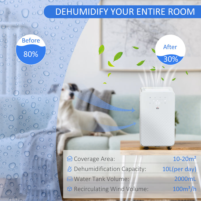 2000mL Compact Dehumidifier with Built-in Air Purifier - 24-Hour Timer, 5 Operating Modes, Up to 10L Daily Moisture Removal - Ideal for Home Laundry Rooms, Keeps Air Fresh and Dry