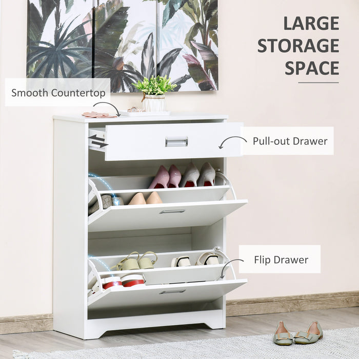 Slim White Tipping Shoe Cabinet - Entryway Storage Rack with Pull-Down Doors & Drawer, Adjustable Shelf - Space-Saving Organizer for Hallways and Small Areas