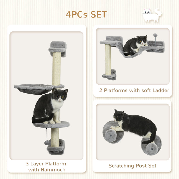 Cat Haven - 4-Piece Wall-Mounted Lounging Set with Hammock, Perches, Ladder & Scratcher in Grey - Ideal for Playful and Restful Pets