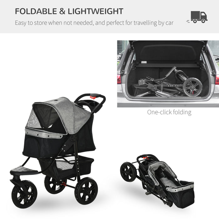 3-Wheel Folding Pet Stroller for Dogs - Adjustable Canopy, Mesh Window, Storage & Brake Features in Grey - Ideal Dog Jogger and Travel Carrier for Pet Lovers