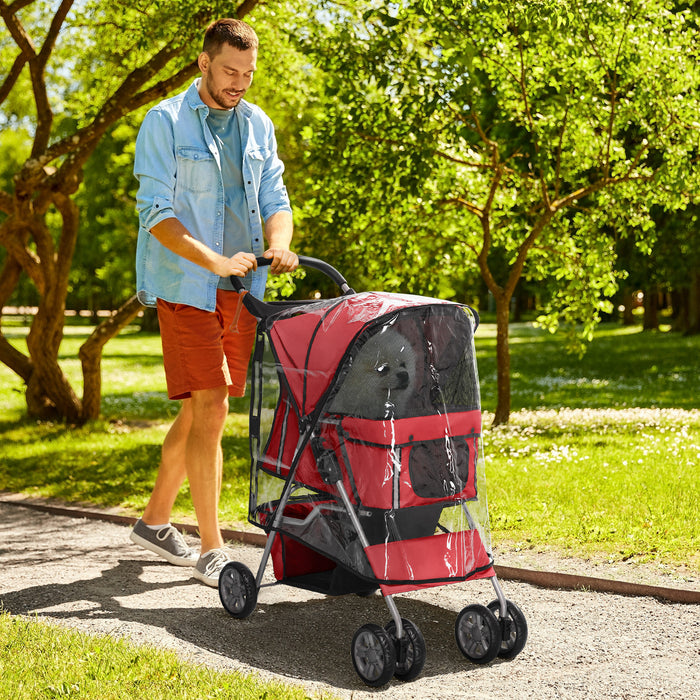 Folding Pet Stroller for Small Dogs - Weather-Resistant Canopy, Cup Holder, Undercarriage Storage - Safe Strolls with Reflective Safety Features in Red