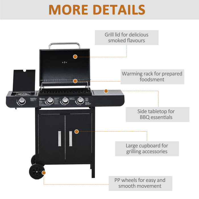 3+1 Burner Gas BBQ Grill with Side Burner - Outdoor Barbecue Trolley, Warming Rack, Storage Cabinet - Ideal for Garden Cooking and Entertainment