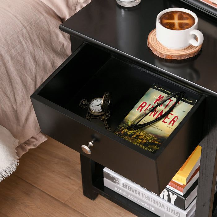 Vintage-Style End Table with Storage - Single Drawer & X-Bar Shelf for Organization - Ideal for Living Rooms and Bedrooms, 40x30x55 cm - Classic Black Finish