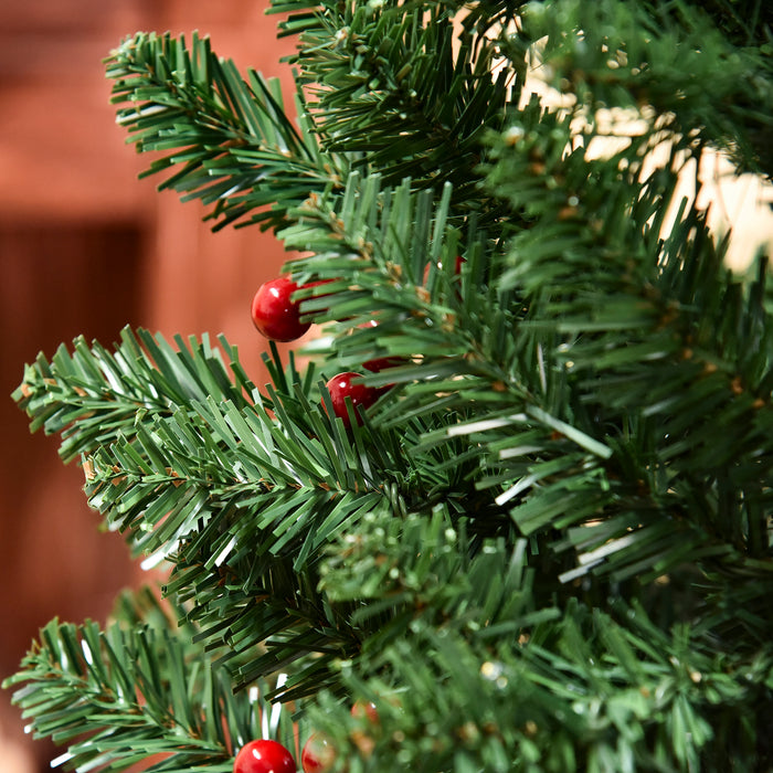 6ft Pre-Lit Slim Green Christmas Tree with LED Lights - Artificial Pencil Design with Red Berries - Festive Holiday Decor for Home Spaces