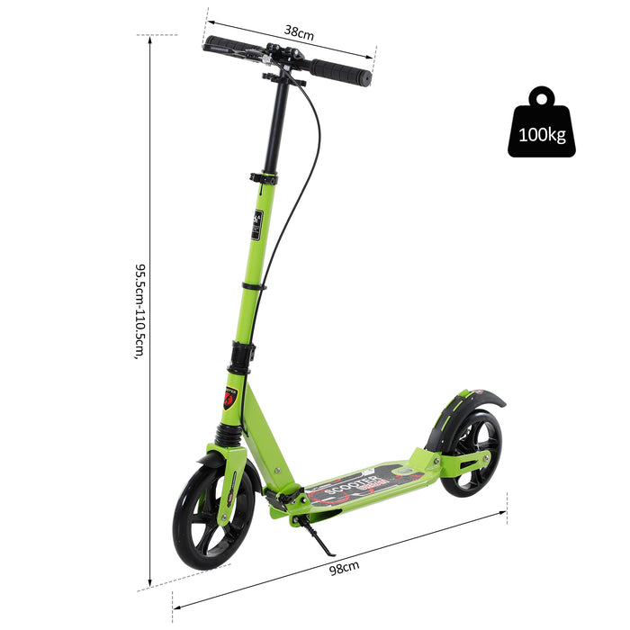 Adjustable & Foldable Teens Adult Scooter - Aluminum Kick Ride with Dual Brakes & Shock Mitigation, Green - Perfect Outdoor Fun for Ages 14+