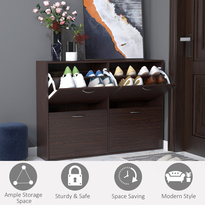 Wooden Shoe Storage Cabinet - Multi-Tier Flip Down Shelves and Drawer, Dark Brown - Space-Saving Organizer for Entryways and Closets