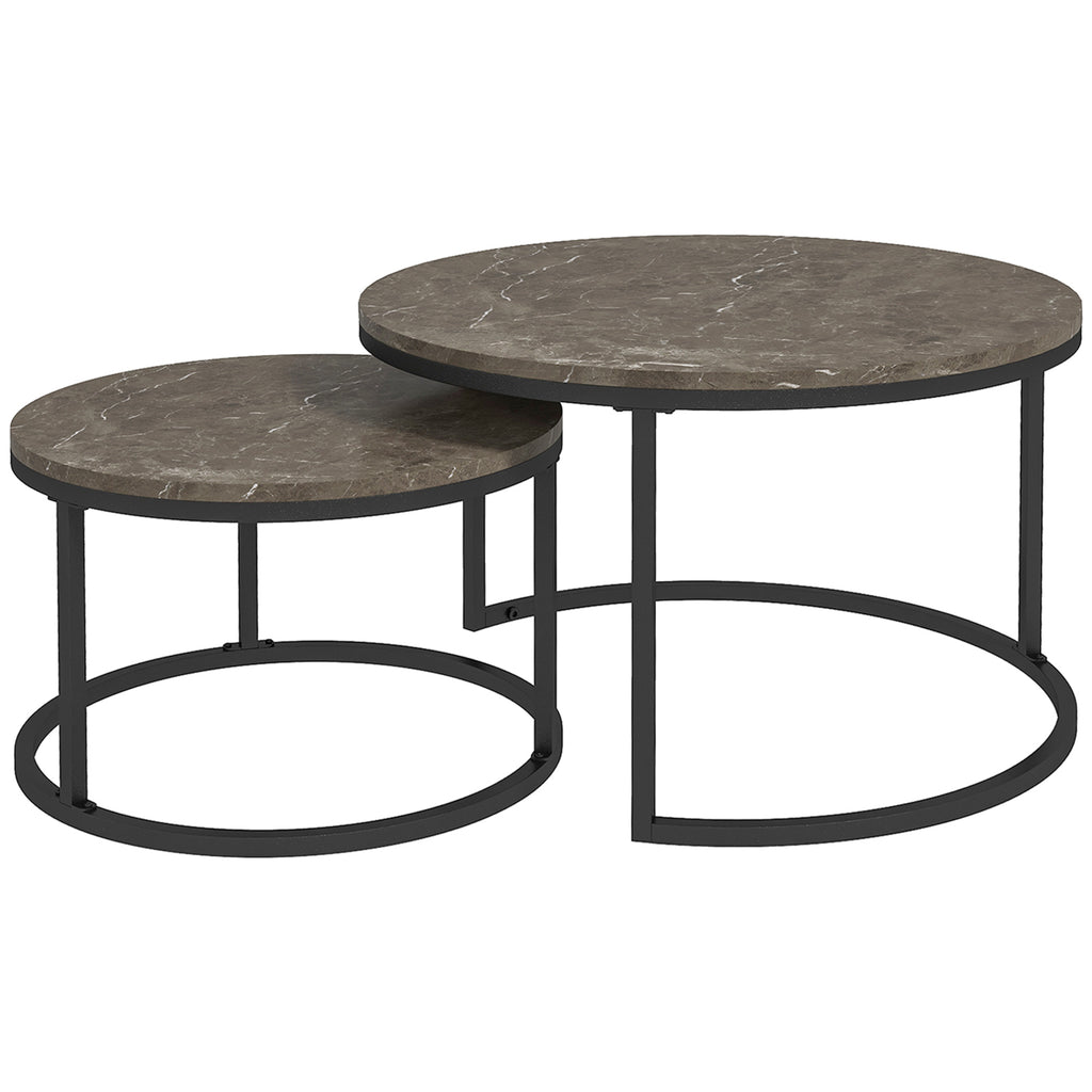 Round Industrial Nesting Coffee Tables Set - Faux Marble Top with Sturdy Steel Frame - Space-Saving Furniture for Living Rooms
