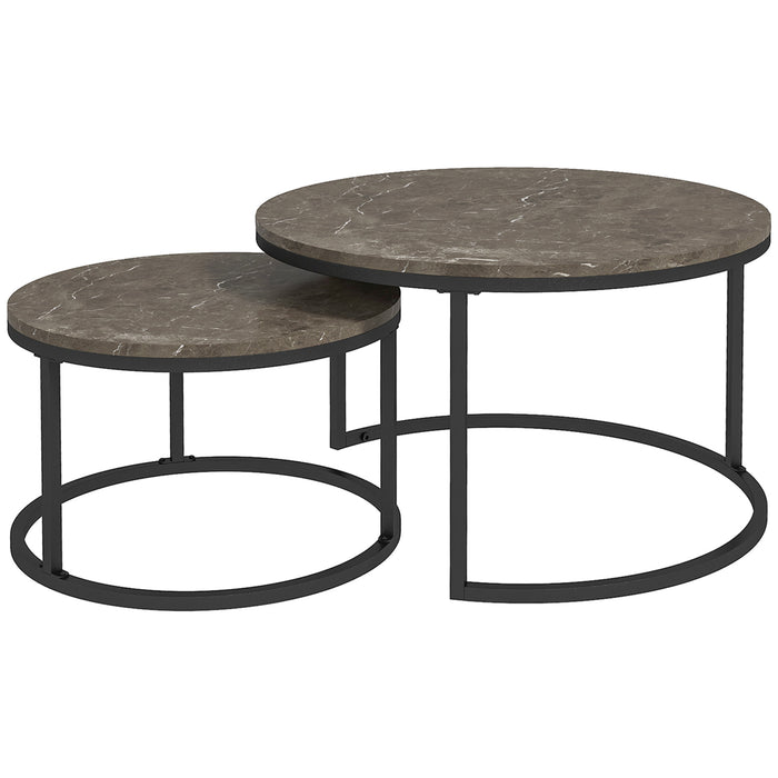Round Industrial Nesting Coffee Tables Set - Faux Marble Top with Sturdy Steel Frame - Space-Saving Furniture for Living Rooms