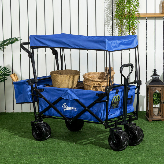Beachcomber MacSports Wagon - Collapsible 4-Wheel Trolley with Overhead Canopy and Pull Handle - Convenient Camping and Beach Transport Cart, Blue