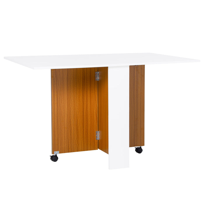 Foldable Multipurpose Table - Teak and White Dining Table, Writing Desk with Wheels - Space-Saving Solution for Home and Office