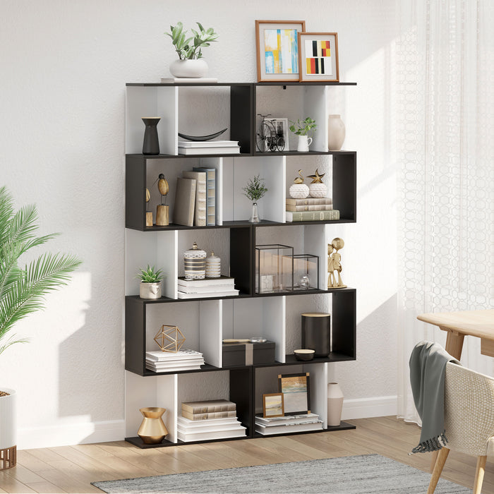 5-Tier S-Shaped Bookcase - Modern Storage & Display Shelving Unit, Divider in Black - Ideal for Organizing Books, Decor in Living Room or Office