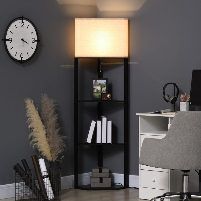Modern Corner Shelf Floor Lamp - Tall Standing Light for Living Room & Bedroom with Pull Chain - Space-Saving Design with Storage for Home Decor