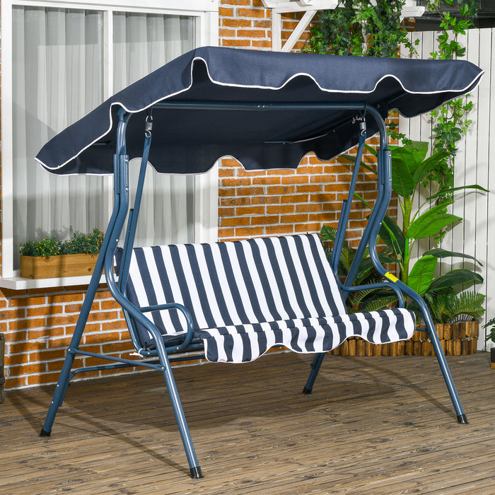 Outdoor 3-Seater Swing Bench with Adjustable Canopy - Blue Striped Garden Chair, Durable Metal Frame - Relaxation and Comfort for Patio or Yard