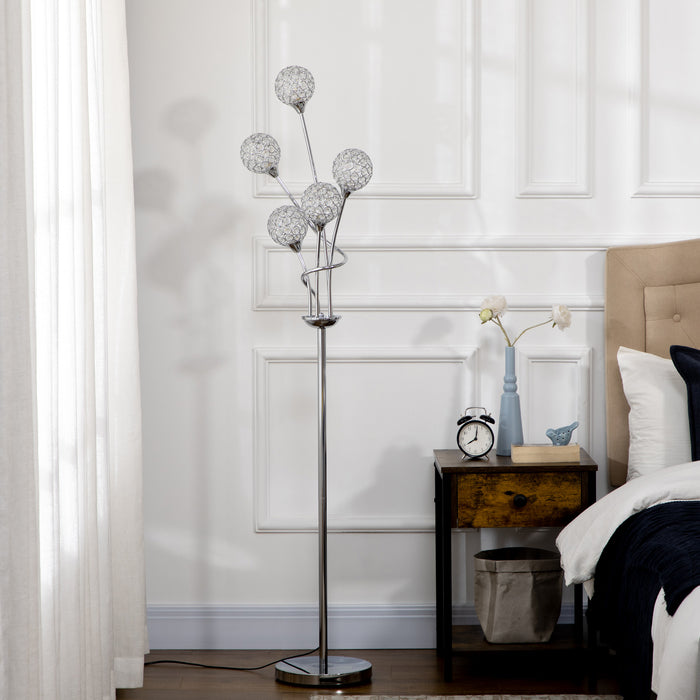 Crystal Elegance Floor Lamp - 5-Light Modern Upright Lamp for Bedroom & Living Room, 34x25x156cm in Silver - Stylish Illumination for Contemporary Spaces