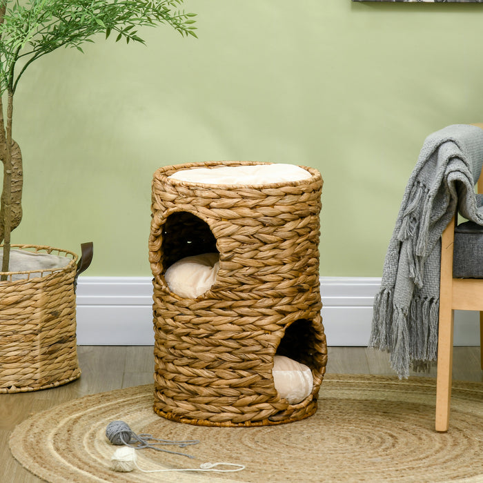 Cat Barrel Tree with Double Cat Houses - 47cm Indoor Kitten Tower with Cushion - Perfect for Play and Rest, Light Brown