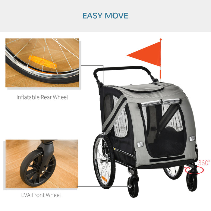 2-in-1 Dog Bike Trailer & Pet Stroller - Steel Frame Bicycle Carrier with Universal Wheel, Reflectors, and Flag in Grey - Ideal Travel Accessory for Pet Owners