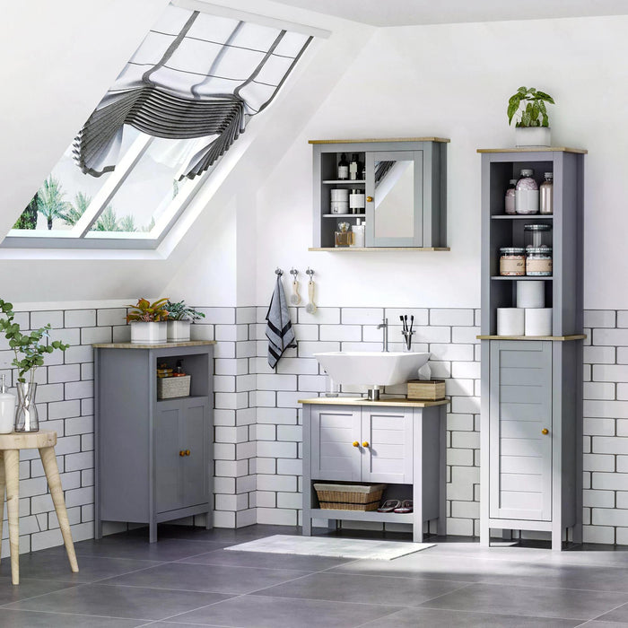 Bathroom Wall Mirror Cabinet with Door - Adjustable Shelving Storage Cupboard for Living Spaces, Grey - Ideal for Organizing Corridor & Room Essentials