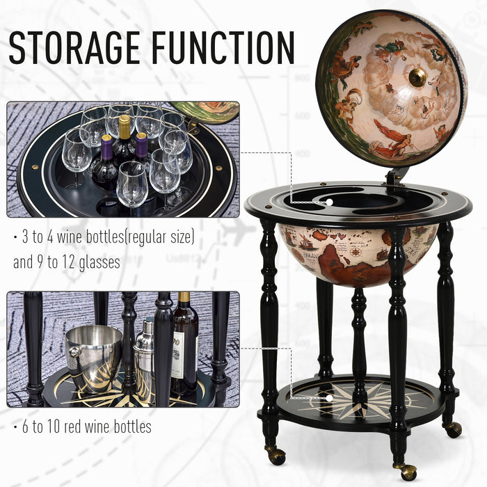 Elegant Globe-Shaped Drinks Cabinet with Wood Frame - Mobile Bar Cart with 3 Compartments, Bottom Shelf, and 4 Wheels - Sophisticated Safe Storage for Bottles and Glasses, Antique Brown and Beige Design