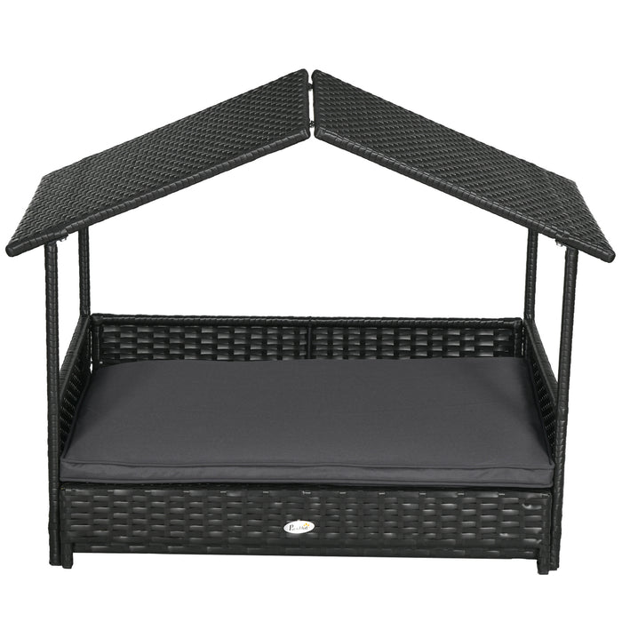 Extendable Elevated Canine Lounger - Rattan Pet Abode with Water-Resistant Top, Detachable Plush Padding - Ideal for Small to Medium Dogs in Stylish Grey