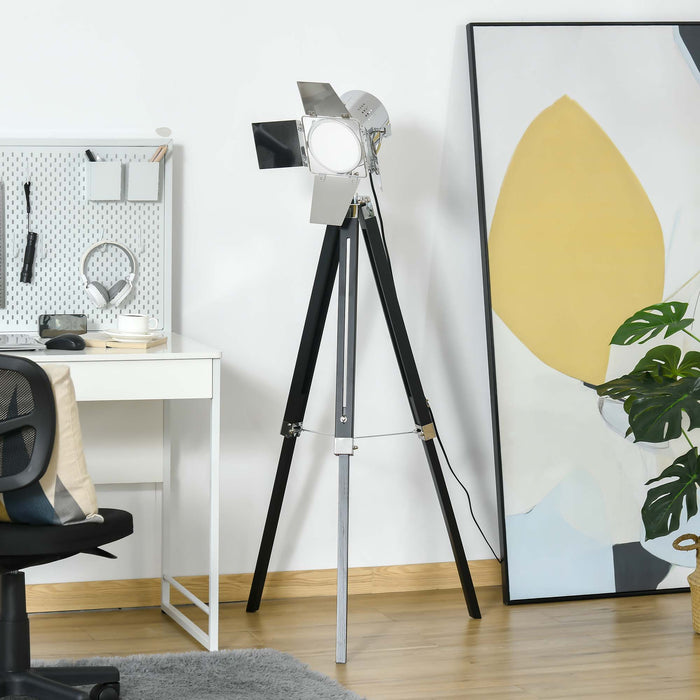 Nautical Cinema-Style Industrial Floor Lamp - Adjustable Wood-Legged Tripod Spotlight, Black & Silver - Elevates Living and Bedroom Ambiance
