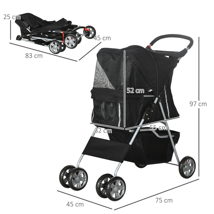 Foldable Pet Stroller with Zipper Entry - Travel Carriage for Small Dogs and Cats, Includes Cup Holder - Lightweight Pushchair for Miniature Pets, Black
