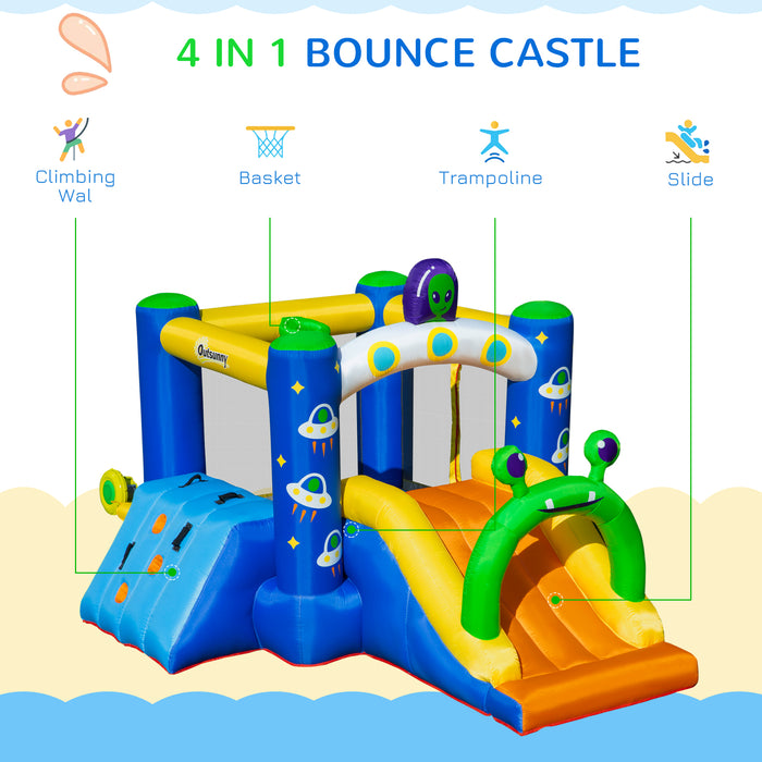 Large Alien-Style 4-in-1 Bounce Castle - Inflatable House with Slide, Trampoline, Climbing Wall, and Basketball Hoop - Outdoor Fun for Kids Ages 3-8