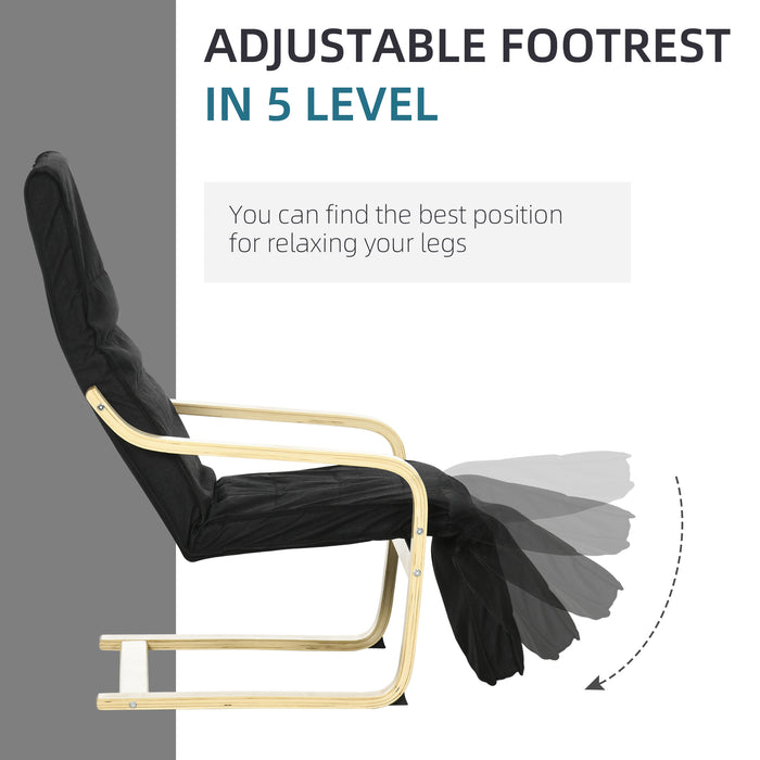 Wooden Lounging Deck Chair - Adjustable Recliner with Footrest and Removable Black Cushion - Comfortable Seating for Patio and Outdoor Relaxation