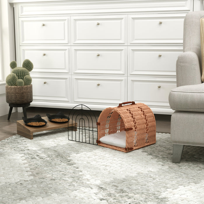 Wicker Cat Carrier Basket with Soft Cushion - Portable Kitten Bed and Pet Cave House, 37x28x29 cm in Orange - Ideal for Comfortable and Cozy Pet Travel & Napping