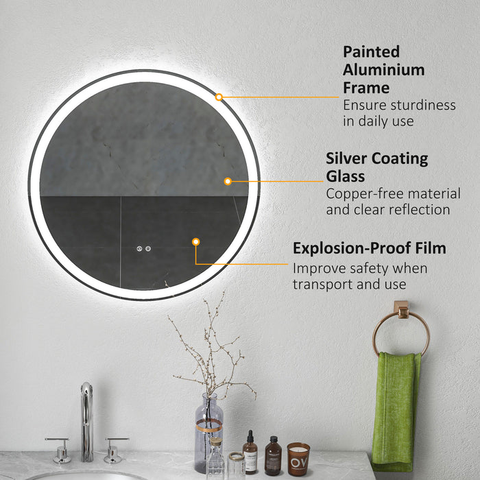 LED Illuminated Round Bathroom Mirror - 3 Color Temperature Settings & Anti-Fog Feature, 70cm - Sleek Aluminum Frame for Modern Home Decor & Clear Reflections