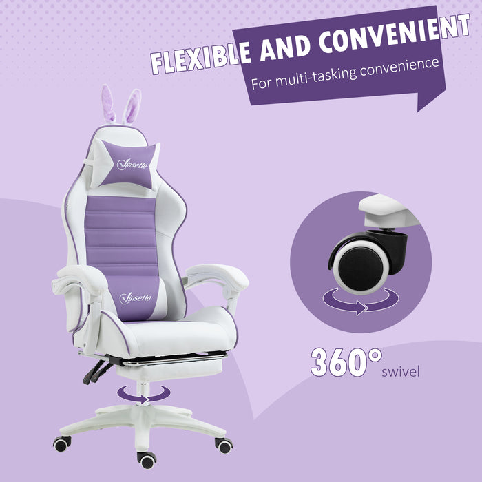 Racing Gaming Chair with Rabbit Ears - Reclining PU Leather Computer Chair, Footrest, Headrest & Lumbar Support, Purple - Ideal for Gamers & Home Office Use