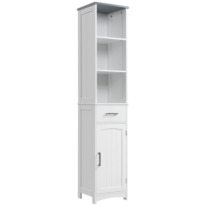 Freestanding Linen Tower Cabinet - 3-Tier Shelf, Cupboard, Drawer & Door Slim Storage Organizer - Ideal for Bathroom & Small Spaces