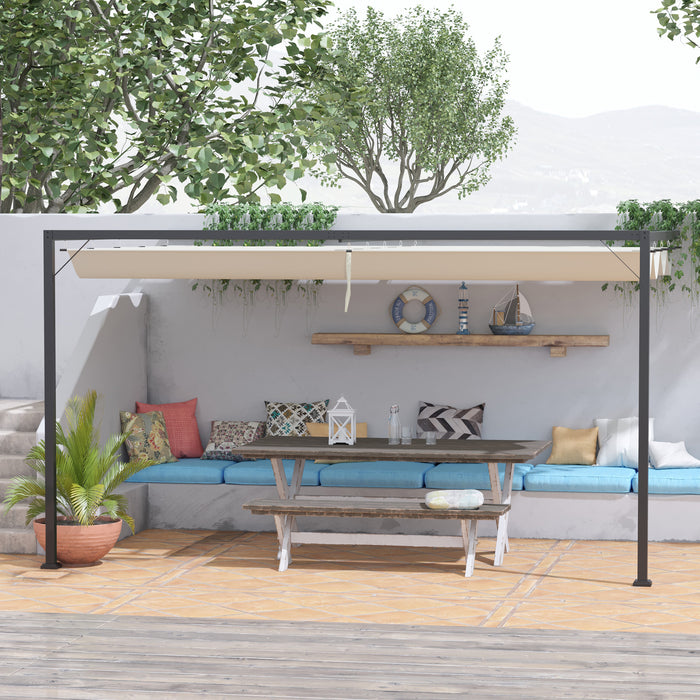 Outdoor Pergola with Retractable Canopy - 4m Wall-Mounted Gazebo for Patio Shelter - Sun Shade and Elegant Entertaining Space in Beige
