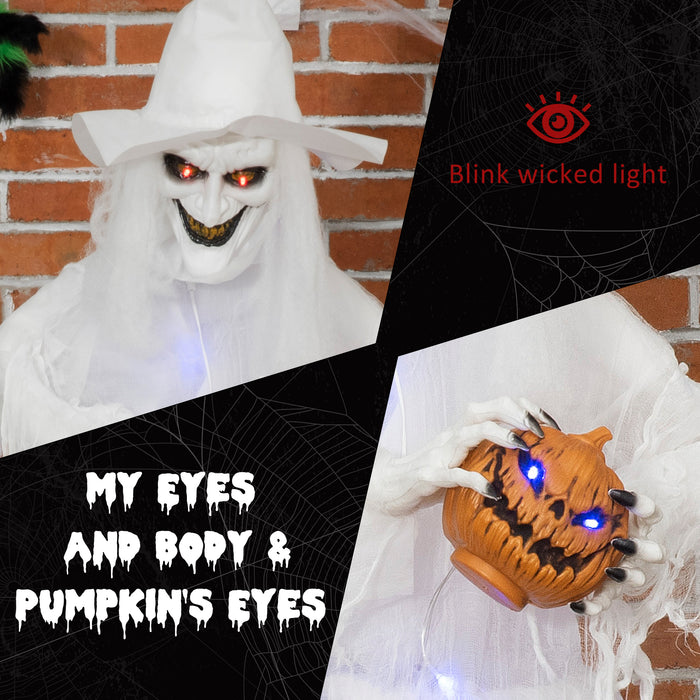 White Witch with Pumpkin Head - 72" Halloween Decoration, Light-Up Eyes, Motion-Activated Standing Skeleton Ghost Prop - Ideal for Haunted House and Seasonal Decor
