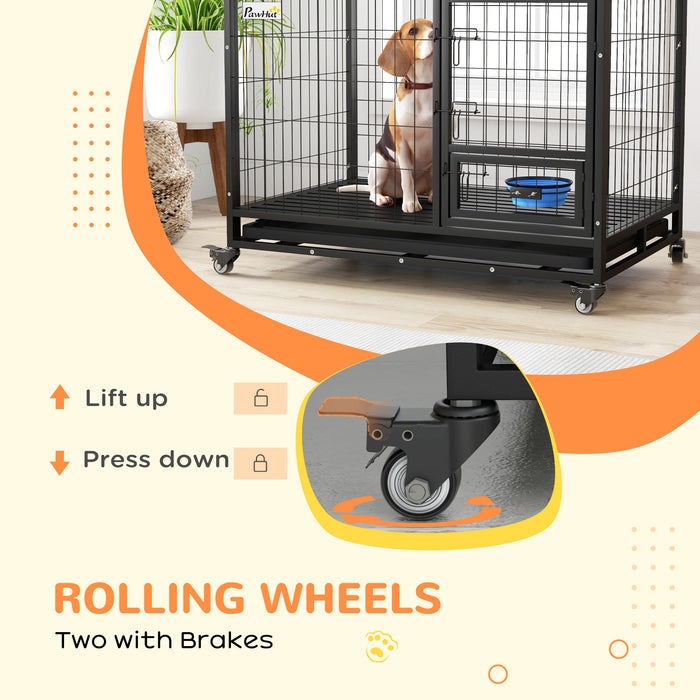 Heavy Duty 43" Dog Crate with Wheels - Includes Bowl Holder, Removable Tray, Detachable Top, Double Doors - Ideal for Large to Extra Large Dogs