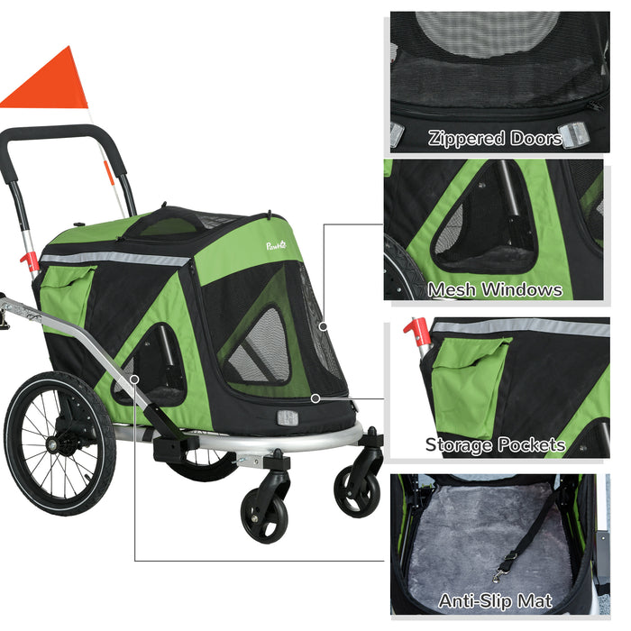 Foldable 2-in-1 Aluminium Dog Bike Trailer & Pet Stroller - Ideal for Medium-Sized Dogs, Green - Versatile Travel Solution for Pet Owners