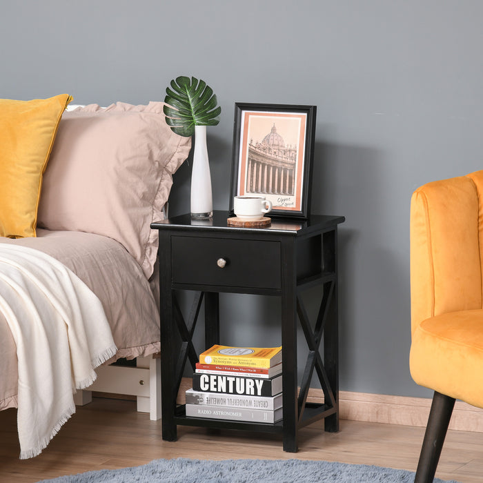Vintage-Style End Table with Storage - Single Drawer & X-Bar Shelf for Organization - Ideal for Living Rooms and Bedrooms, 40x30x55 cm - Classic Black Finish