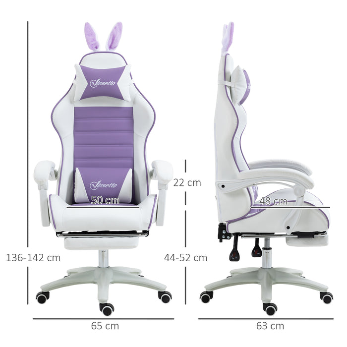 Racing Gaming Chair with Rabbit Ears - Reclining PU Leather Computer Chair, Footrest, Headrest & Lumbar Support, Purple - Ideal for Gamers & Home Office Use