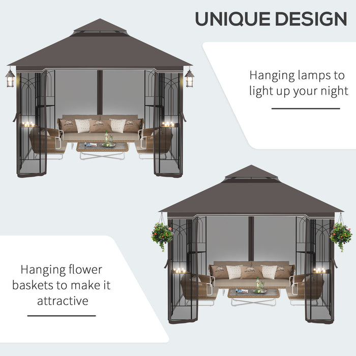 Double Tier Roof Gazebo - Outdoor Garden Canopy with Removable Mesh Curtains and Display Shelves - Ideal for Entertaining and Relaxation in Coffee Color