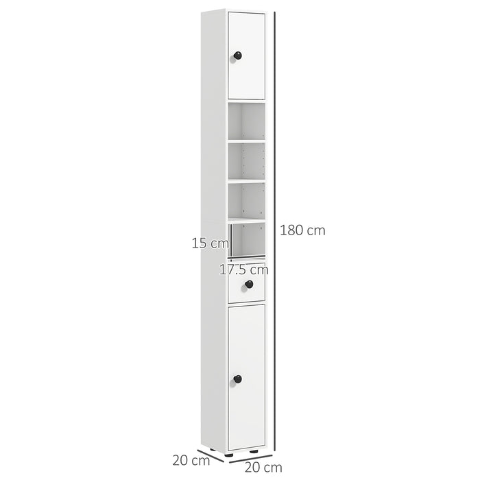 180cm High Narrow Bathroom Cabinet - Slim Toilet Roll Organizer with Open Shelving & Dual-Door Compartments - Adjustable Storage Solution for Bathrooms & Kitchens, Elegant White Design