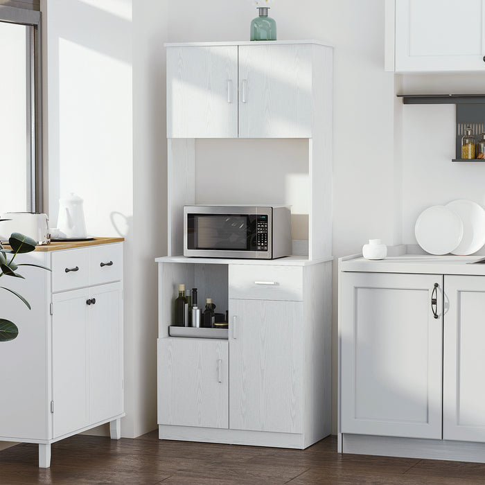 Versatile Freestanding Kitchen Storage Unit - Microwave Stand, Dual Cabinets, Adjustable Shelving in Classic White - Ideal for Organizing Kitchenware & Appliances