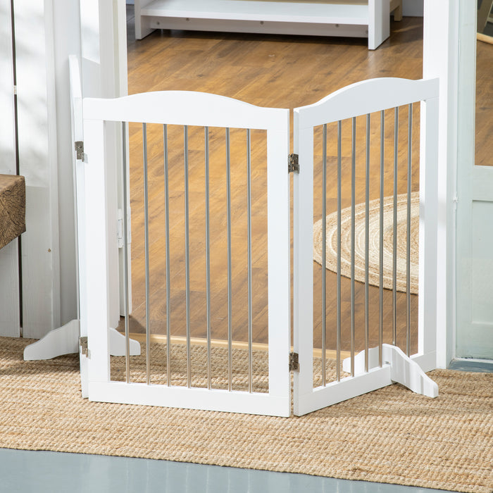 Foldable Wooden Dog Gate with Support Feet - Freestanding Pet Barrier for Doorways, Stairs, Halls - Ideal for Containing Pets Safely in White